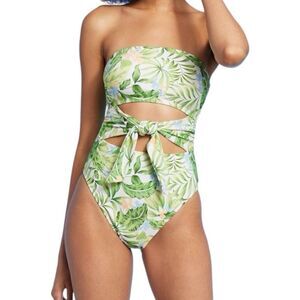 NEW Shade & Shore Bandeau Green Tropical Tie-Front Cut Out One Piece Swimsuit S